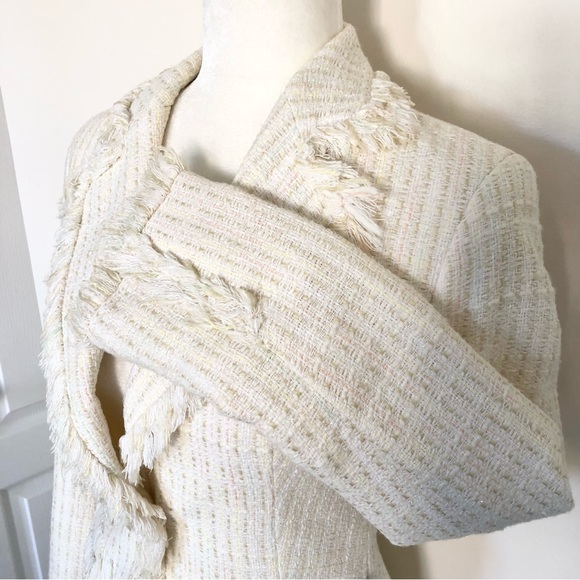 Zara Women’s Cream Sparkly Tweed Fringe Trim Blazer Jacket Size 4 - Picture 10 of 13